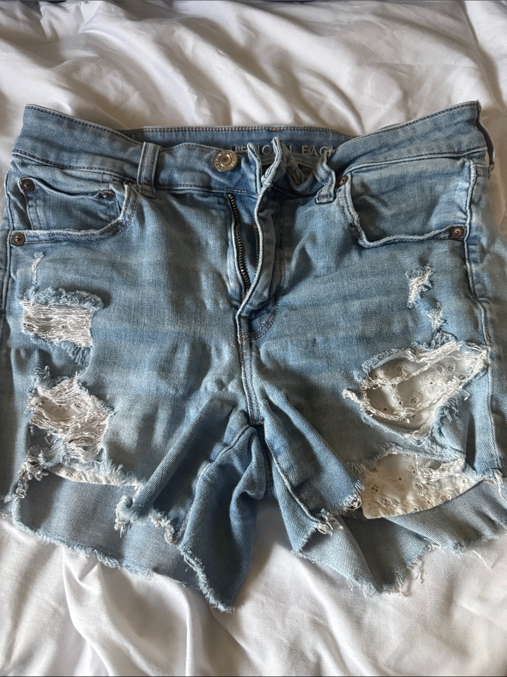 American Eagle Outfitters Light Blue stretchy Distressed Denim Shorts with Lace